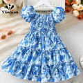 Yfashion Summer Short Sleeves Dress For Girls Cotton Elegant Printing Fashion Ruffled A-line Skirt Casual Breathable Dress. 