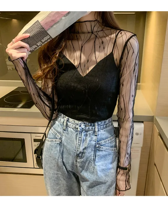 Elegant%20Lace%20T-shirt%20For%20Women%20Mesh%20Long%20Sleeve%20Tops%20Hot%20Transparent%20High%20Neck%20Black%20Lace%20Bottoming%20Shirts%20Punk%20Tee%20Tops%20-%20Image%204