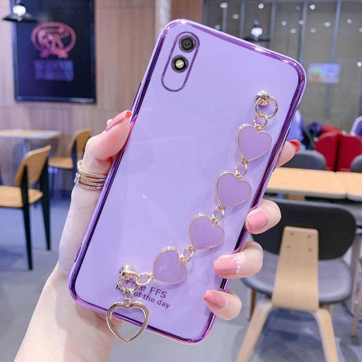 For Xiaomi Redmi 9A Back Cover + Love Heart Bracelet Luxury Glossy Shiny Plating Bumper Ladies Case Soft Silicone Protective Phone Cases