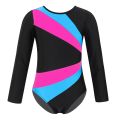 【Blue Rose Red XL】 Children Girls Long Sleeve Gymnastics Leotard Jumpsuit Color Block Cutout Ballet Leotards Acrobatics Kids Dance. 
