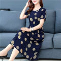Yfashion Women Cotton Summer Short Sleeves Dress Elegant Stylish Printing Round Neck Midi Skirt Large Size Loose Casual Dress. 
