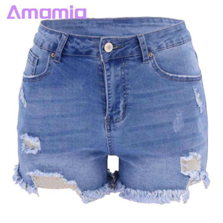 Women Denim Shorts High Waist Denim Shorts for Women Ripped Edge Hollow Out Multi Pockets Slim Fit Jeans for Party Club Soft Breathable Fabric Women Summer Shorts