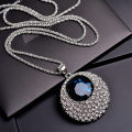Chain Necklace Rhinestone Inlaid Vintage Long Round Pendant Necklace for Women. 