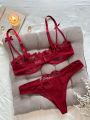 Floral Embroidery Lingerie Set, Mesh Unlined Bra & Mesh Panty, Women's Lingerie & Underwear. 