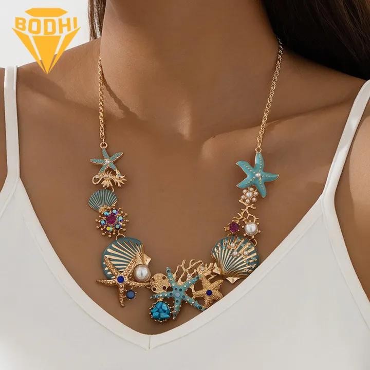 Shell%20Pendant%20Exquisite%20Ocean%20Theme%20Women's%20Necklace%20with%20Starfish%20Coral%20Shell%20Faux%20Pearl%20Rhinestone%20Decor%20Perfect%20for%20Vacation%20Beach%20Adjustable%20Length%20Stunning%20Lady%20Neck%20Jewelry%20Beach%20Style%20Shell%20-%20Image%204