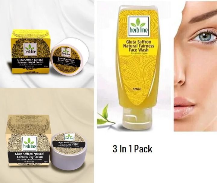 Herb Line Gluta Saffron Fairness Face Wash 120Ml, Day Cream 50G & Night Cream 50G ( Herbline )