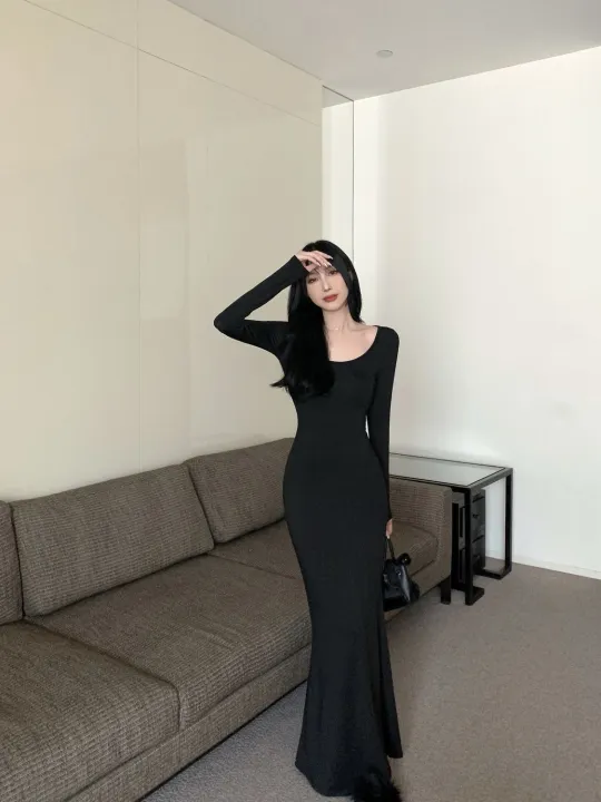 Hot%20Girl%20Pure%20Desire%20Long%20Sleeve%20Dress%20Women's%20Autumn%202024%20New%20Brown%20Base%20Dress%20Slim%20Fishtail%20Hip%20Skirt%20-%20Image%202