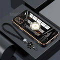 For OPPO A53 2020 / A33 2020 Back Cover with Wrist Strap + Rhinestone Ring Stand Luxury 6D Plating Square Frame Shiny Bling Girls Case Soft Silicone Phone Cases Pouch. 