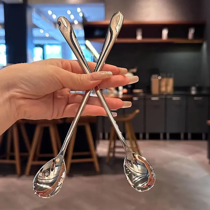 Stainless Steel Round Spoon Net Red Golden Dinner Long Handle Stirring Dessert Spoons For Kitchen Accessories Gadgets Dounp