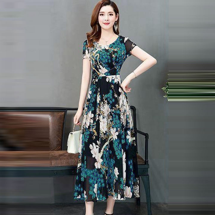 Fashion%20Casual%20Women%20O-Neck%20Short%20Sleeve%20Long%20Printed%20Slim%20A-Line%20Dress%20-%20Image%204
