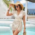 Swim Cover Up Lace White Beach Dress V-neck Long Cover up Woman Swimwear Bikini Tunic Long Pareos Robe Beachwear Outfit. 