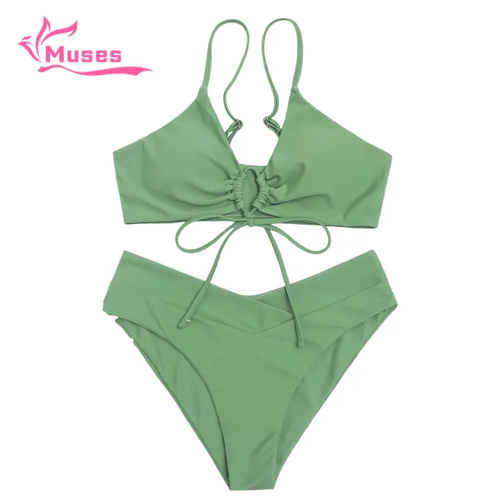 Muses Mall Lace-up Hollow Swimsuit Lace-up Bikini Set with High Waist Briefs Solid Color Split Design Swimwear for Women 2pcs/set Bikini Set