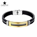 Golden Chain Stainless Steel Bracelets for Men Women Teens Black Rubber Belt Wristband Cuff Bangle Male Hand Jewelry Gifts. 