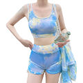 Yfashion 3pcs Women Cotton Bikini Set With Long Sleeves Sunscreen Cover-up Sweet Printing Sleeveless Tops Shorts Suit. 