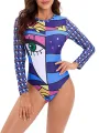 Women's One-Piece Swimsuit, 3D Print Long Sleeve Round Neck Hollow Out Back Bathing Bodysuit. 