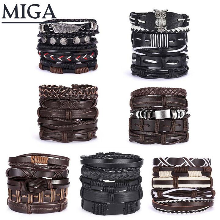 sevenq8 6pcs/set Multilayer Leather Leaf Owl Bracelet Men Women Wristband Bangle Cuff