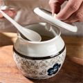 Household High Temperature Resistant Ceramic Lard Jar with Lid Chinese Traditional Japanese-Style Ceramic Seasoning Bottle with Spoon Spice Jars Salt. 