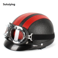 Sutuiying Hot Selling Classic Stripe Motorcycle Safety Helmet Fashion Men Women PU Leather Vintage Motor Electric Scooter Goggles Half Helmets. 