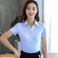 2024 Spring Summer New Short Sleeves Women's White Shirt v Collar Business Clothing Long Sleeve Blue Shirt Korean Style Work Clothes. 