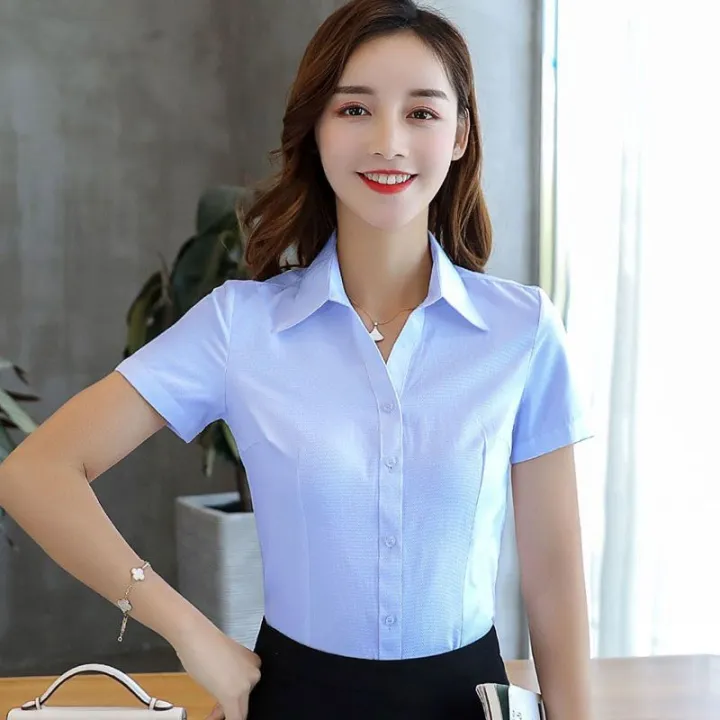 2024%20Spring%20Summer%20New%20Short%20Sleeves%20Women's%20White%20Shirt%20v%20Collar%20Business%20Clothing%20Long%20Sleeve%20Blue%20Shirt%20Korean%20Style%20Work%20Clothes%20-%20Image%202