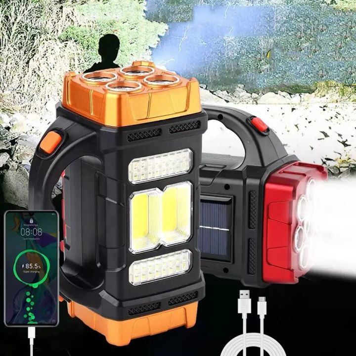 Solar USB Rechargeable Handheld Flashlight With COB Side Light,4 Modes Waterproof LED Searchlight for Camping Power Outages