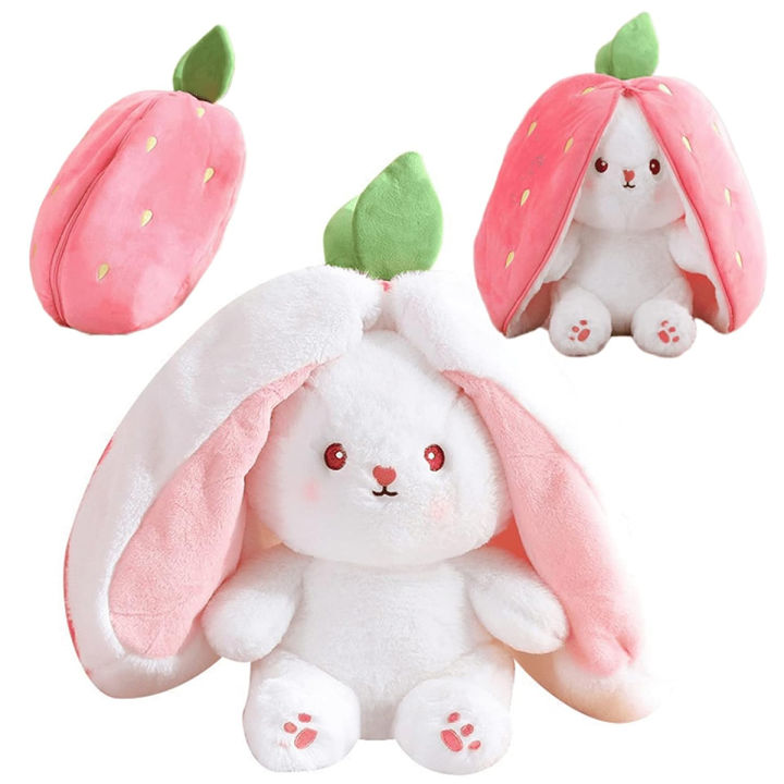 （NEW）Soft Stuffed Bunny Reversible Strawberry Zipper Bag Cute Kids ...