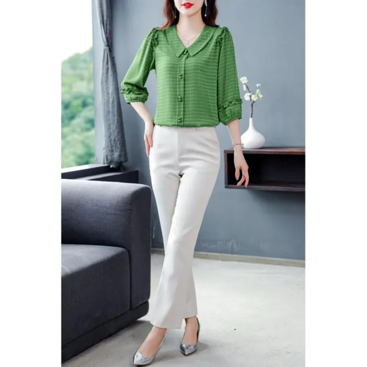 Yfashion%20Fashion%20Chiffon%20Tops%20For%20Women%20Cotton%20Summer%20Three-quarter%20Sleeves%20Doll%20Collar%20Shirt%20Elegant%20Solid%20Color%20Pullover%20Blouse%20-%20Image%204