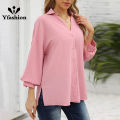 Women Casual Button Down Blouses 3/4 Sleeve Lapel Irregular T-shirt v Neck Loose Solid Color Cardigan Tops. 