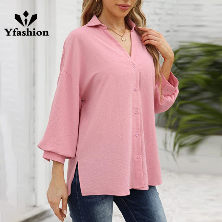 Women Casual Button Down Blouses 3/4 Sleeve Lapel Irregular T-shirt v Neck Loose Solid Color Cardigan Tops