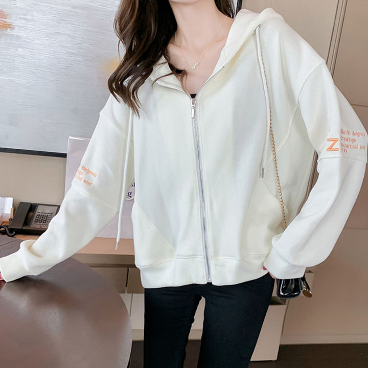 Yfashion Women Cotton Letter Embroidered Hooded Sweatshirt Loose Long Sleeve Zipper Cardigan Jacket color