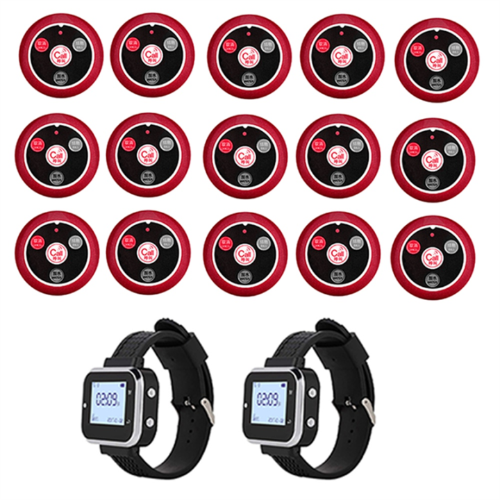 Wireless Calling System Button 2 Watch Waiter Pager 15 Restaurant Table Call Button Transmitter Efficient Waiter Service Buzzer, Long Range UK Plug