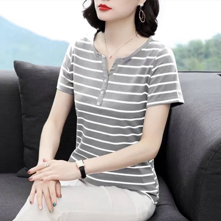 2023Summer%20New%20Top%20Striped%20Short%20SleeveTT-shirt%20Women's%20Summer%20Large%20Size%20Slimming%20Korean%20Style%20Loose%20All-Matching%20Flab%20Hiding%20Women's%20Clothing%20-%20Image%203