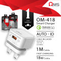 OMS OM - 418 QC 2.0 / QC 3.0 Fast Charger 18W Wall adapter with Micro USB / Type C / Lightning Charging Cable Fast Charging. 