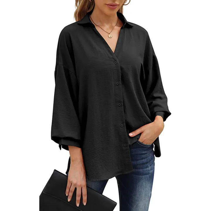 Women%20Casual%20Button%20Down%20Blouses%203/4%20Sleeve%20Lapel%20Irregular%20T-shirt%20v%20Neck%20Loose%20Solid%20Color%20Cardigan%20Tops%20-%20Image%205