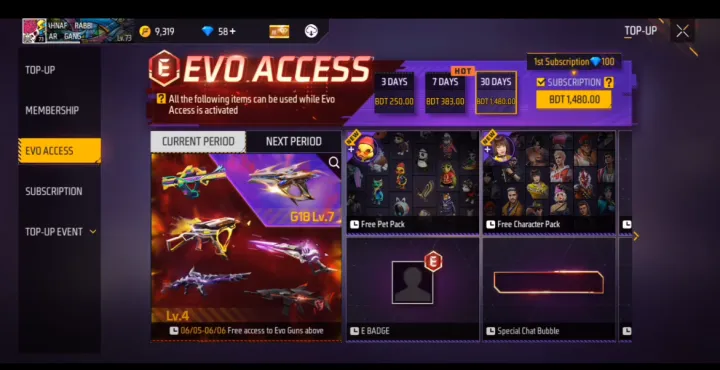 FREE FIRE EVO ACCESS 3 DAYS [ Only Player ID Needed ]