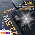 Aspor A396 20000mAh Power Bank With PD Charging, Capacity 20000 mAh / 22.5W, LCD digital display, IQ output. 