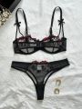 Floral Embroidery Lingerie Set, Mesh Unlined Bra & Mesh Panty, Women's Lingerie & Underwear. 