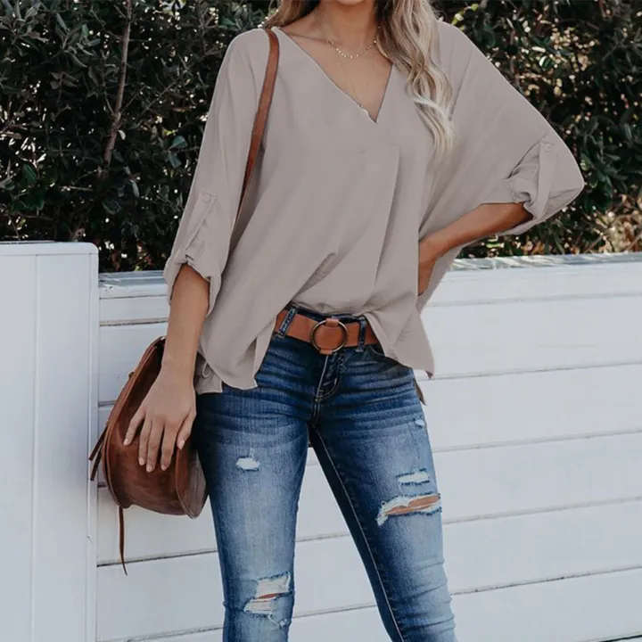 Yfashion%20Women%20Summer%20Loose%20Shirt%20V%20Neck%20Long%20Sleeve%20Roll%20Up%20Sleeve%20Solid%20Color%20Tunic%20Tops%20Business%20Casual%20Shirts%20Work%20Tops%20-%20Image%205