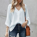 Yfashion Women Summer Loose Shirt V Neck Long Sleeve Roll Up Sleeve Solid Color Tunic Tops Business Casual Shirts Work Tops. 