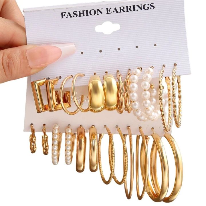 6 PC Elegant and Versatile: Ladies Round Geometry Pearl Earrings - Perfect for Adding Sophistication to Your Outfits