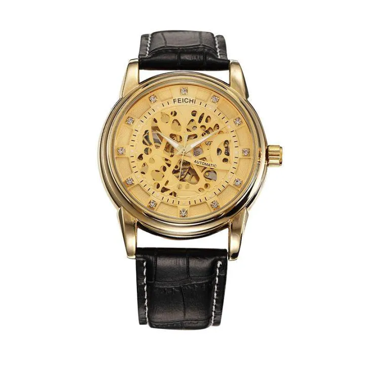 FEICHI Men Automatic Self Wind Skeleton Wristwatch Men Hollow Elegant Genuine Leather Strap Watches