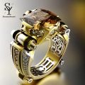 Sunny Mens Ring Vintage Jewelry Gift Copper Rhinestone Inlaid Carved Finger Ring for Daily Life. 