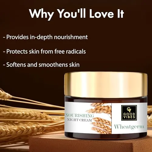 Good Vibes Wheatgerm Nourishing Night Cream, 100 g Deep Moisturization, Healing Formula For Dry Skin, Helps Reduce Acne, Wrinkles & Fine Lines, Natural, No Parabens & Sulphates, No Animal TestingFROM INDIA)NUSS