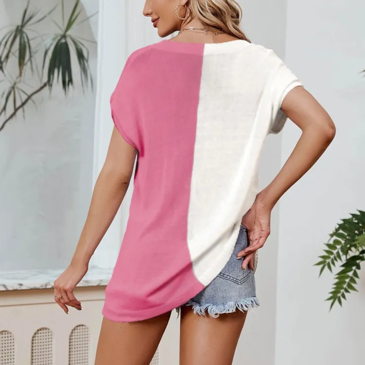 Women/%20Ladies%20/%20Girls%20Trending%20Single%20Jersey%20Cotton%20Fabric%20190%20Gsm%20Tops%20Half%20Sleeve%20V%20Neck%20Casual%20Loose%20Fit%20Office%20Wear%20Two%20Tone%20Selone%20Summer%20Crop%20Top%20T-Shirt%20/%20Tshirt/%20Blouse%20In%20Pink%20And%20White%20Color%20In%20S,%20M,%20L,%20Xl%20Sizes%20-%20Image%203