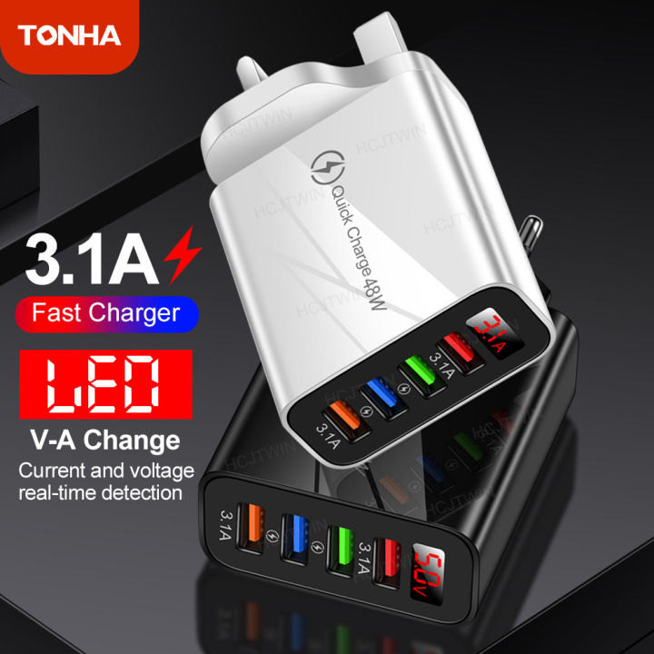 TONHA 48W Quick Charger 3.0 Fast Charge 4 Port USB Wall Plug 3.1A Digital Display Fast Charger Adapter UK/EU/US Plug Wall Charger Wall Adapter For Huawei Samsung Vivo Oppo Xiaomi iPhone Honor Realme OnePlus