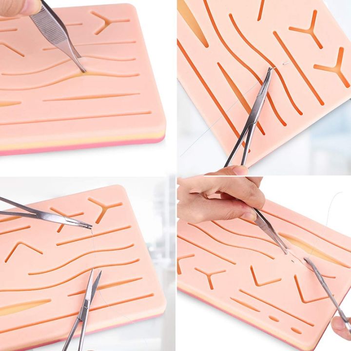 Silicone Suture Pad-1 x suture practice pad
6 x Nylon monofilament training thread
6 x Silk braided training thread
1 x toolkit(random style, don't accept the specified style) 
5 x tools
5 x Blades-Photo Color