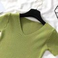 Rings Diary Women Soft Rib Knit Tees Summer Knitting V Neck Short Sleeve Slim Fit Basic Tshirts Retro Basic Going Out Cute Tops. 