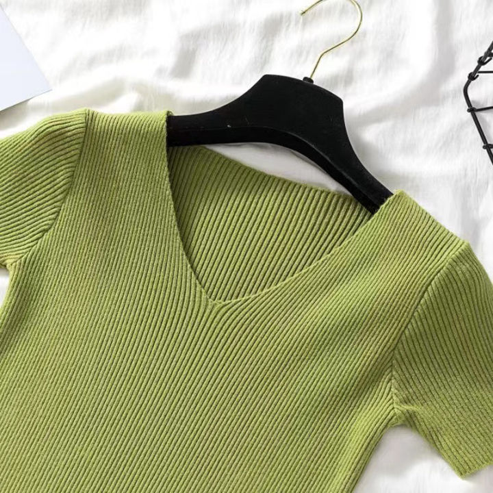 Rings%20Diary%20Women%20Soft%20Rib%20Knit%20Tees%20Summer%20Knitting%20V%20Neck%20Short%20Sleeve%20Slim%20Fit%20Basic%20Tshirts%20Retro%20Basic%20Going%20Out%20Cute%20Tops%20-%20Image%205