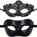 2pcs Elegant Black Lace Masquerade Mask Set Couples - Perfect for Venetian Party, Mardi Gras, and Halloween Celebrations. 
