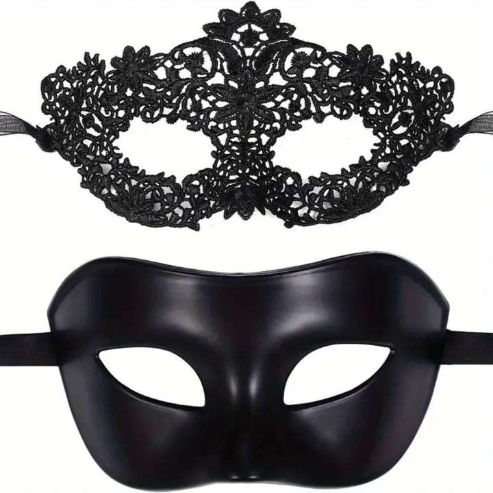 2pcs Elegant Black Lace Masquerade Mask Set Couples - Perfect for Venetian Party, Mardi Gras, and Halloween Celebrations